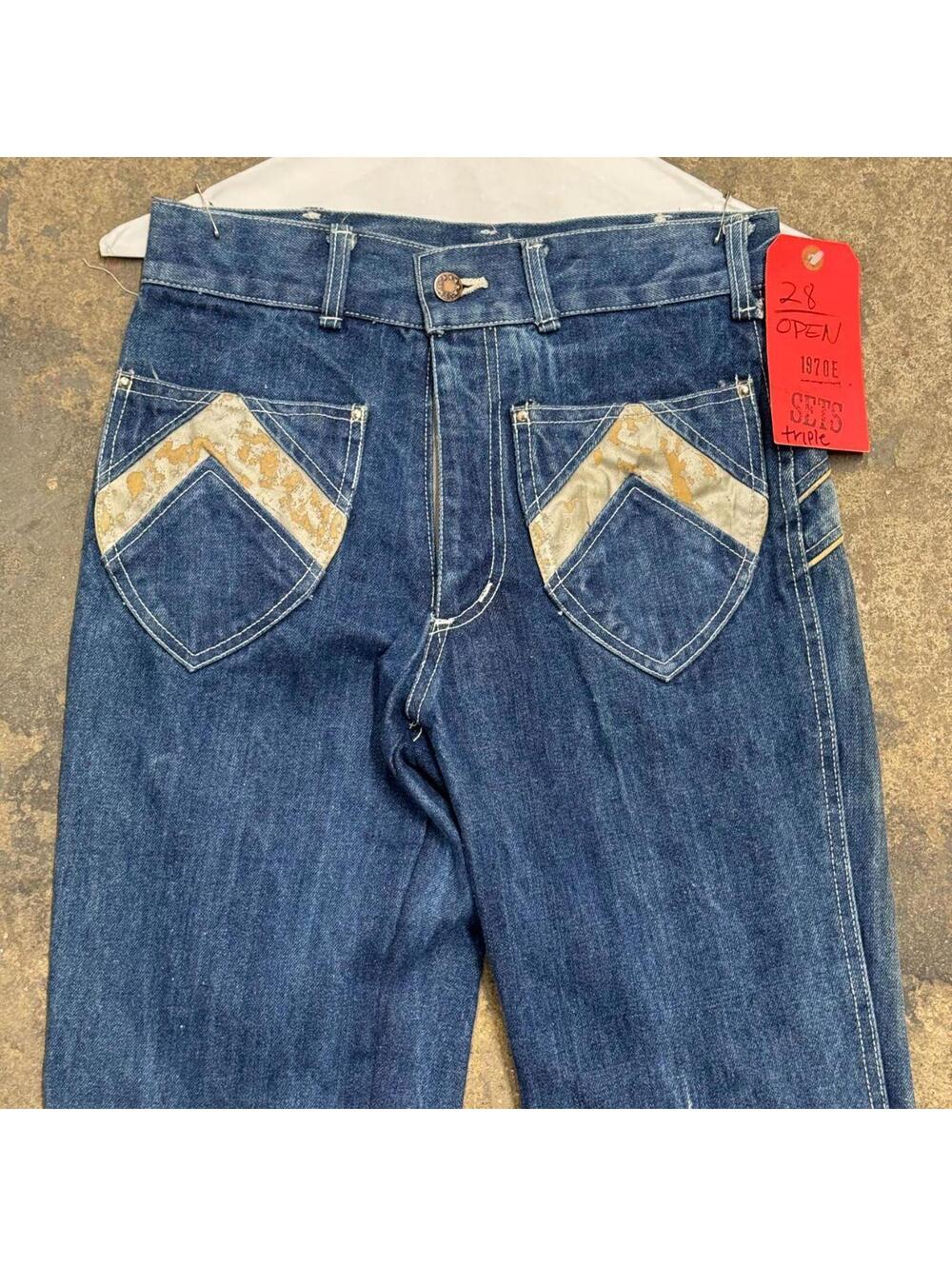 Vintage 70s Metallic Mixed-Panel Flare Jeans S - Picture 3 of 6